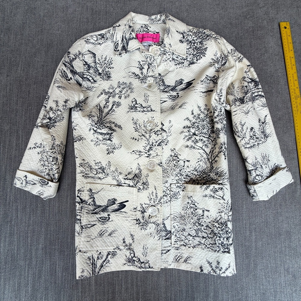 Steven Stolman Quilted Jacket Womens Petite Black White Toile Print Button Front